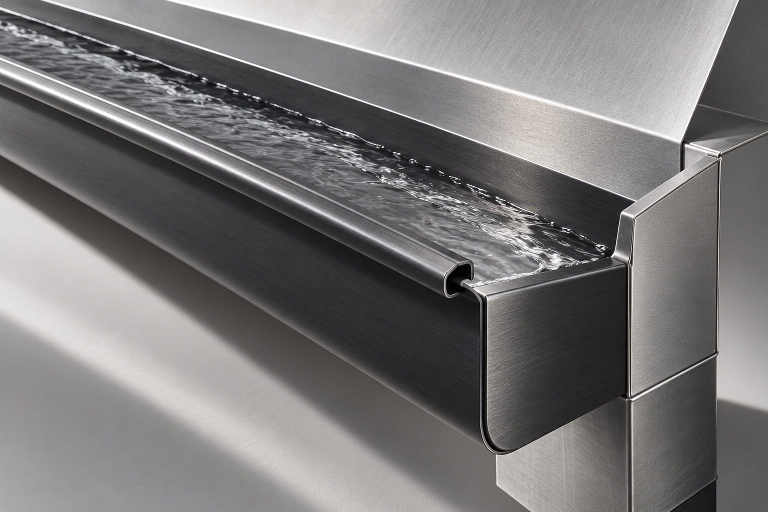 Illustrative studio study of folded metal gutter sections with flowing water; not an S&G project